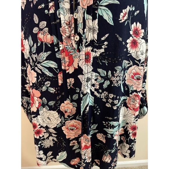 Emily Daniels Floral Blouse Tunic Petite XL Navy Pleated Button Front Colorful - Picture 3 of 14
